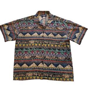 Vintage Best American Clothing Co 100% Silk Shirt Large Geometric Aztec 90s